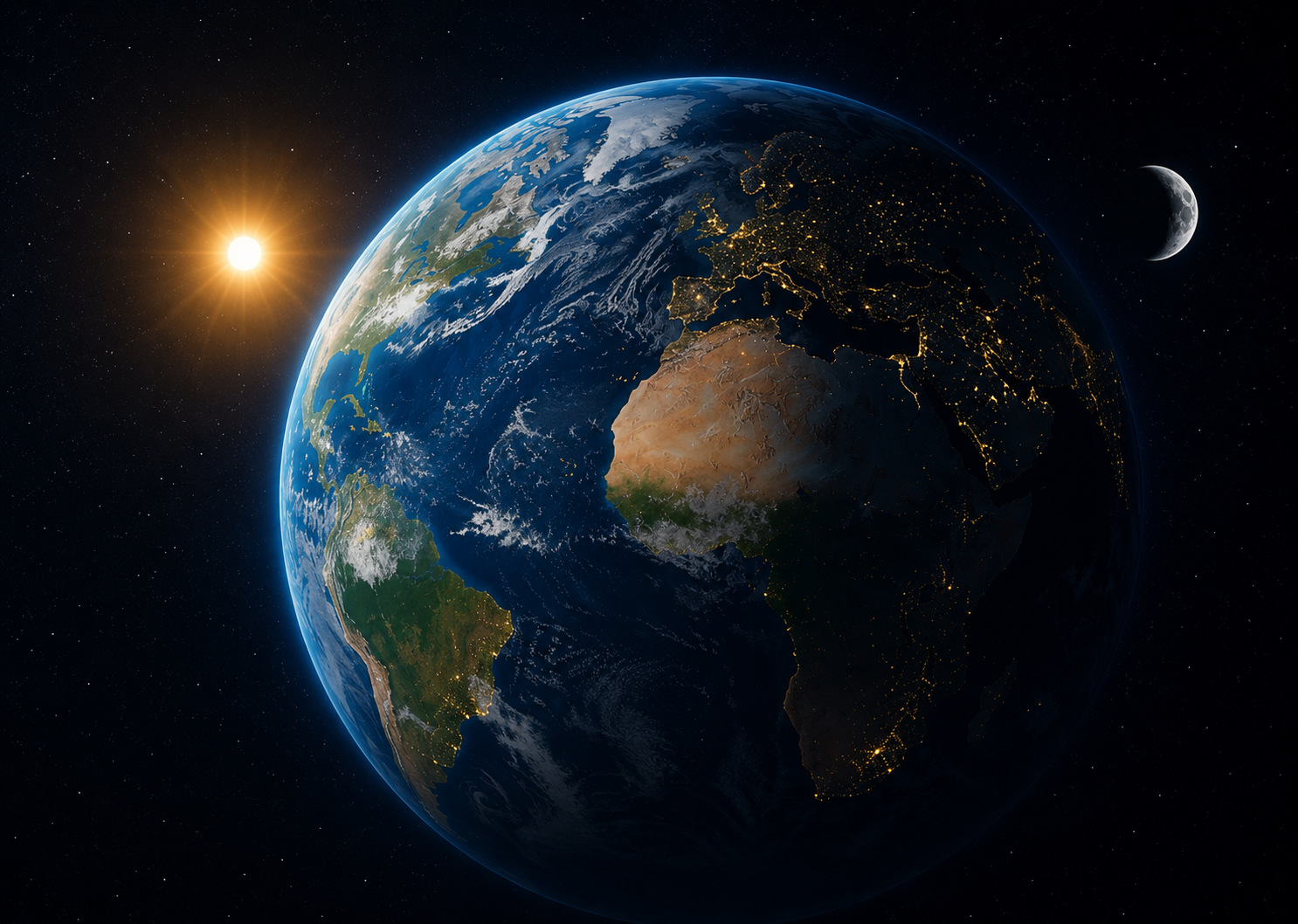 Carte mondiale lumineuse avec la Terre vue depuis l'espace