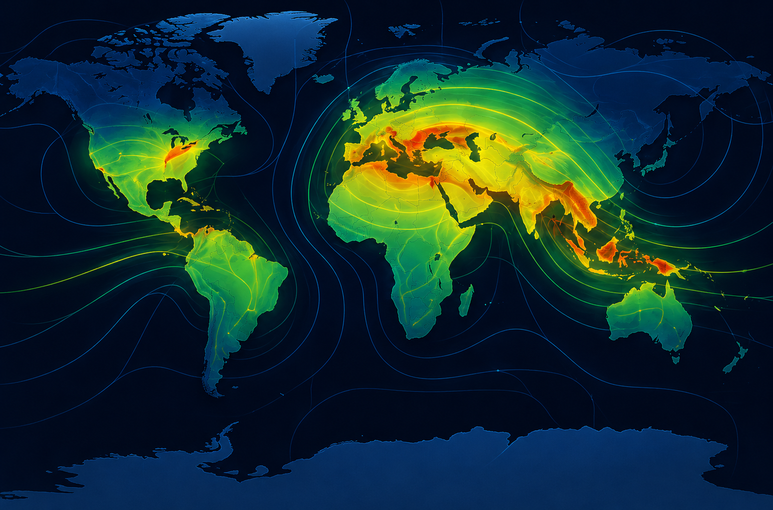 Carte mondiale de propagation radio avec zones de couverture colorées